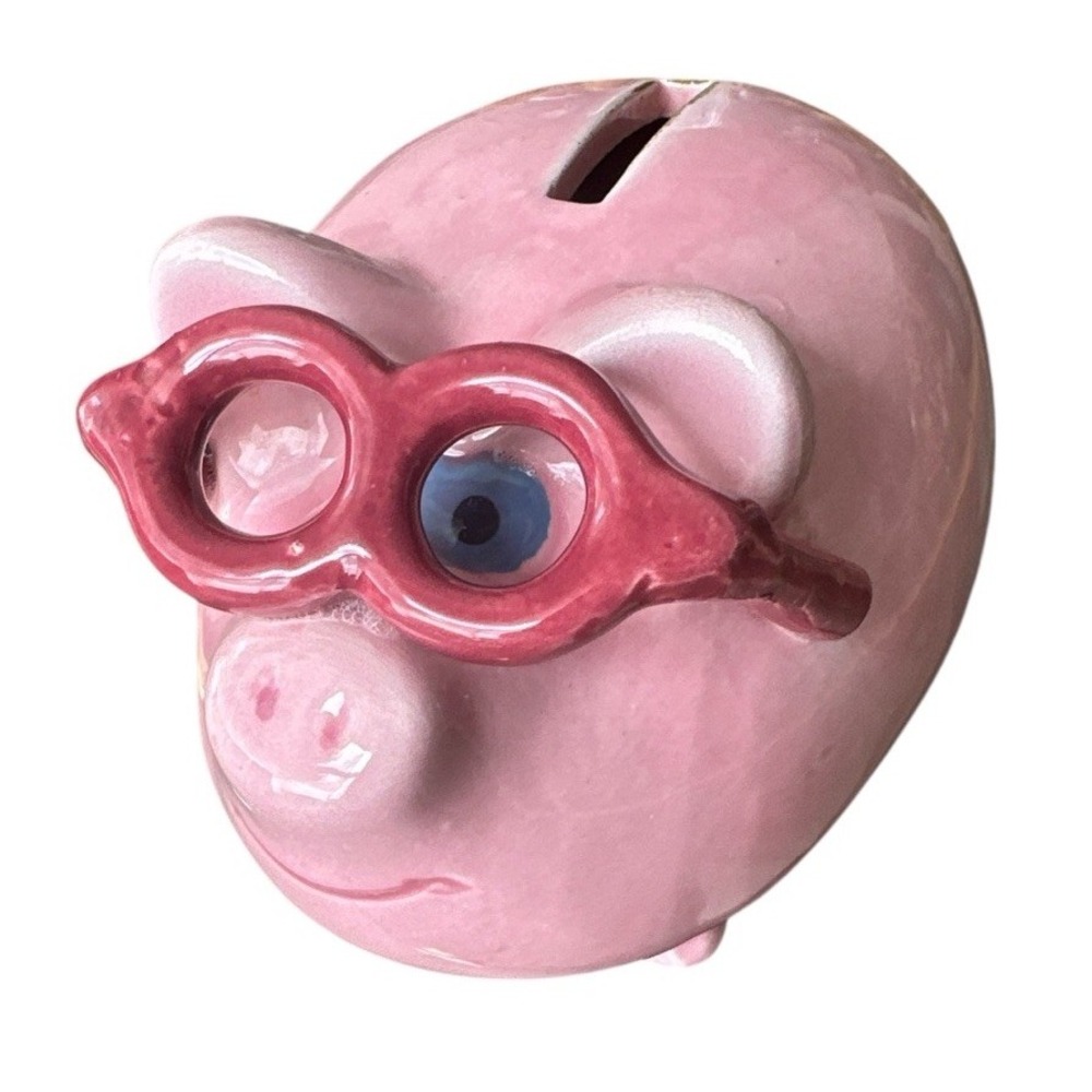 Ceramic‎ Coin Bank With Plug Rubber  Pink Pig Wearing Pink Glasses Collector